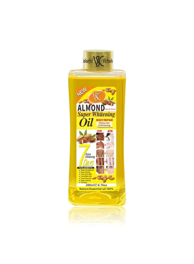 زيت اللوز الفائق للتفتيح 200 مل - مرطب للجسم وإصلاح وتفتيح المناطق الداكنة تحت الإبطين والفخذين والمفاصل الداكنة والبقع السوداء - زيت إصلاح مضاد للشيخوخة 100% زيت أساسي نقي للوجه والجسم